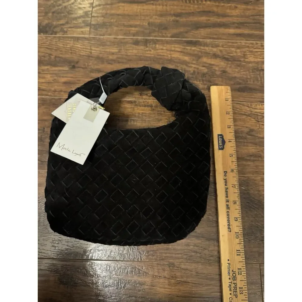 Moda Luxe Women's Woven Genuine Leather Hobo Bag Black